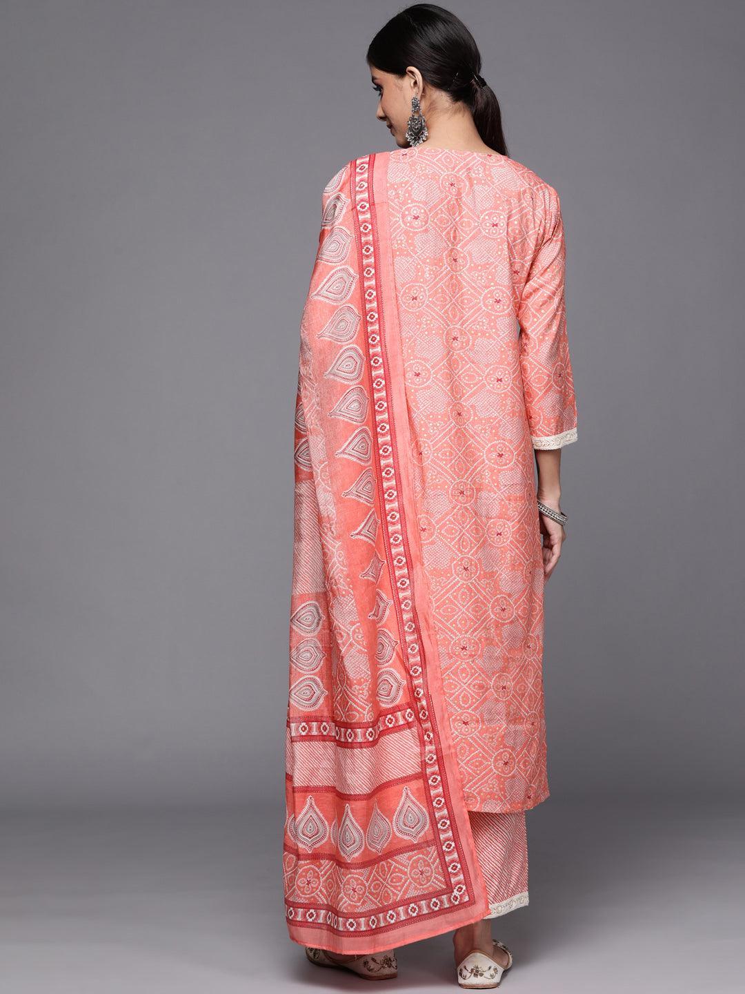 Pink Printed Silk Blend Straight Suit Set