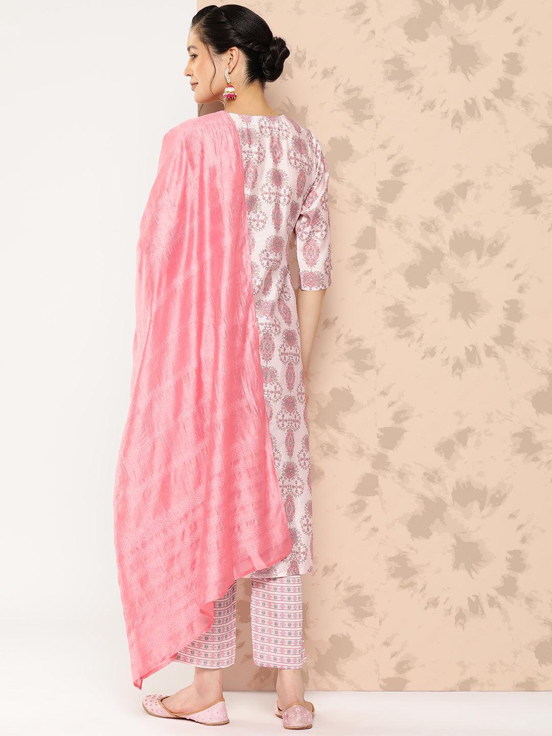 Pink Printed Silk Blend Straight Kurta With Trousers and Dupatta