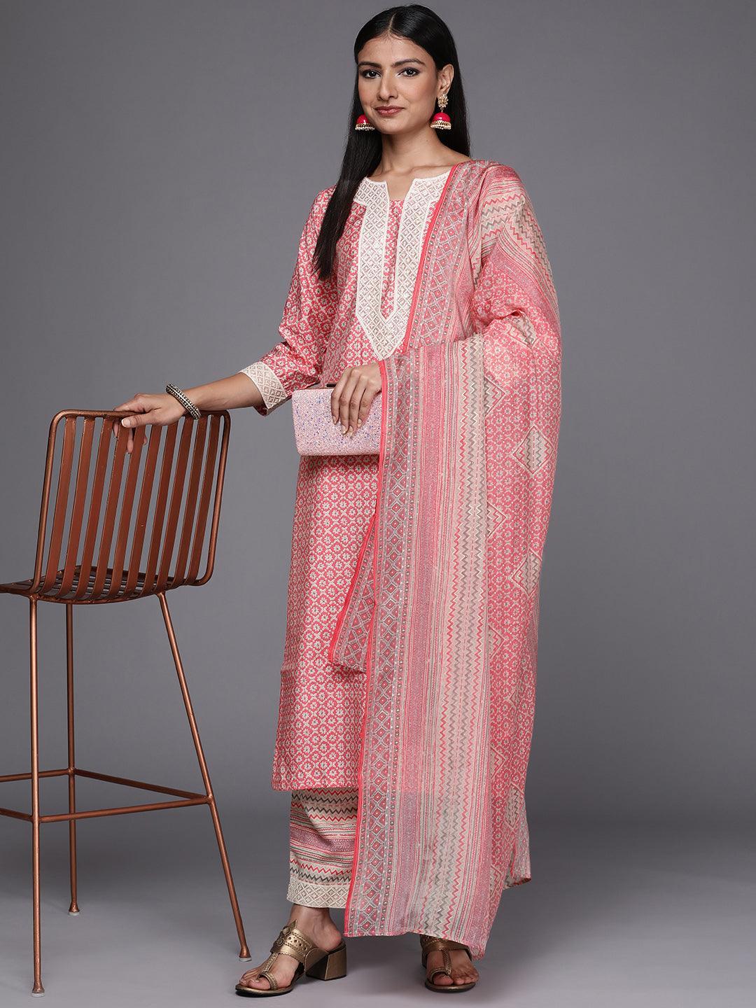 Pink Printed Silk Blend Straight Suit Set