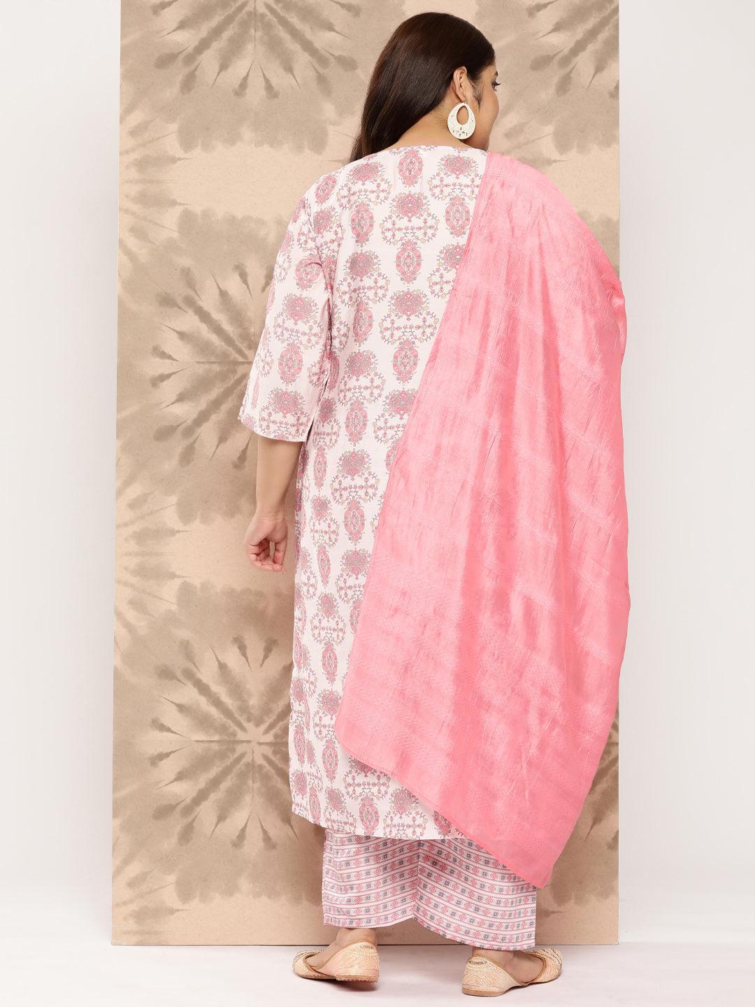 Pink Printed Silk Blend Straight Kurta With Trousers and Dupatta