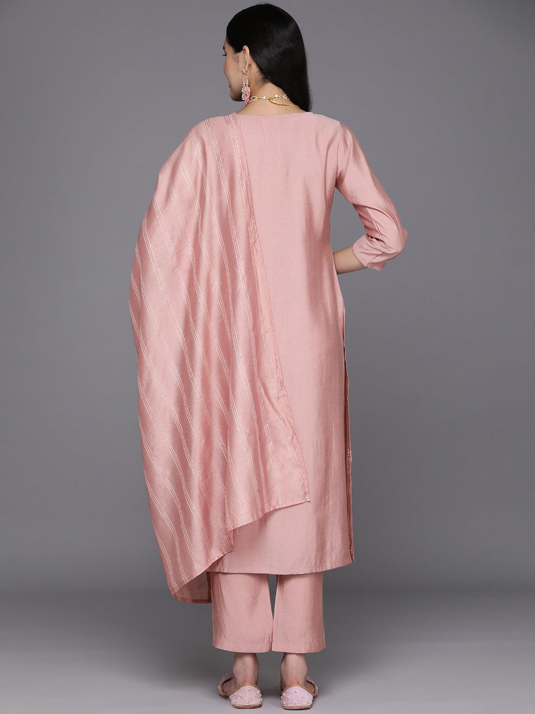 Pink Printed Silk Blend Straight Kurta With Trousers & Dupatta