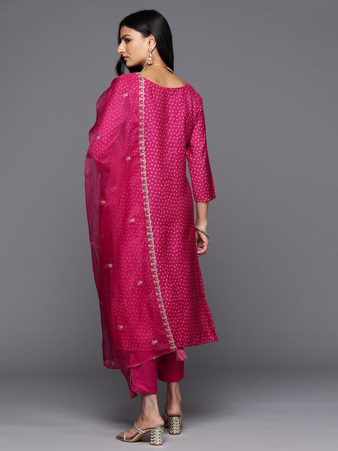 Pink Printed Silk Blend Straight Kurta With Trousers & Dupatta