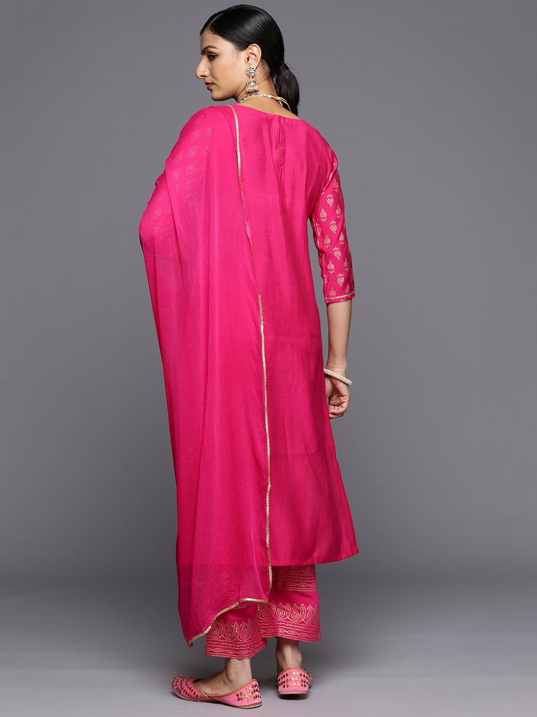 Pink Printed Silk Blend Straight Kurta With Trousers & Dupatta - Libas