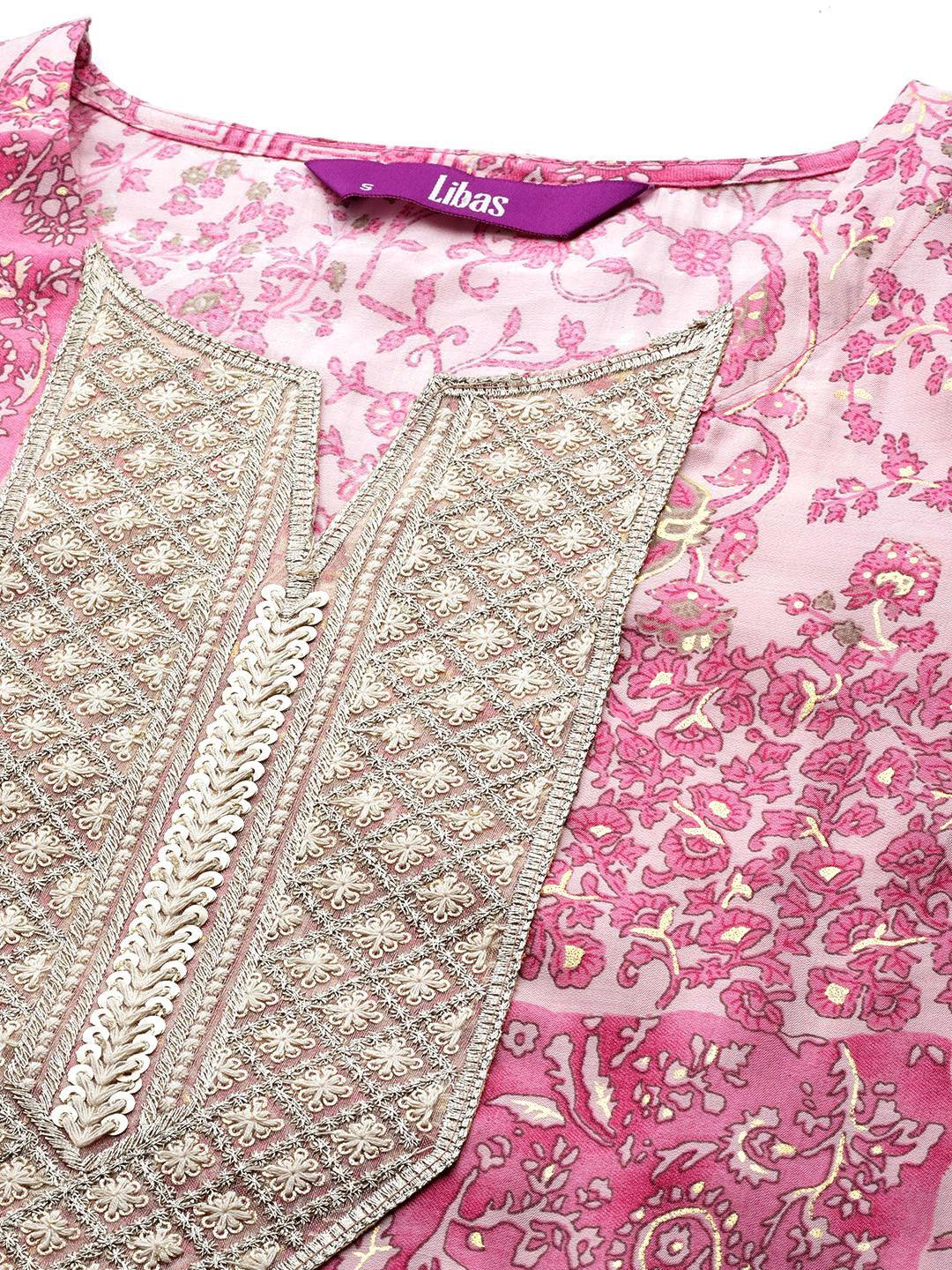 Pink Printed Silk Blend Straight Kurta With Trousers & Dupatta