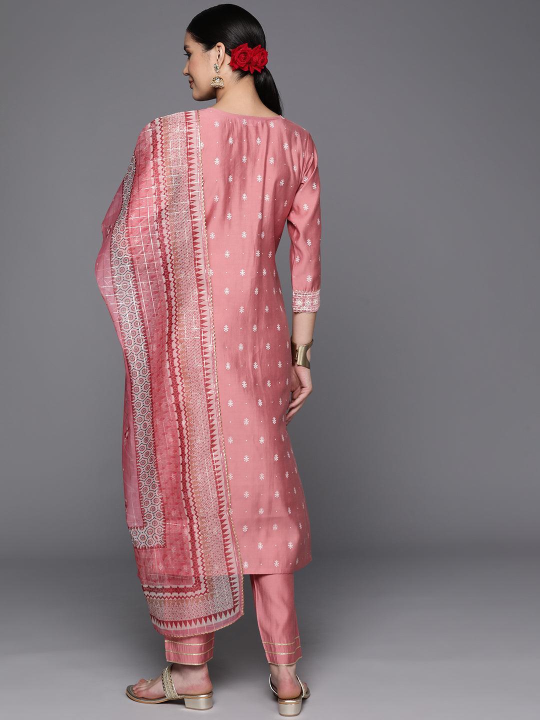 Pink Printed Silk Blend Straight Kurta With Trousers & Dupatta