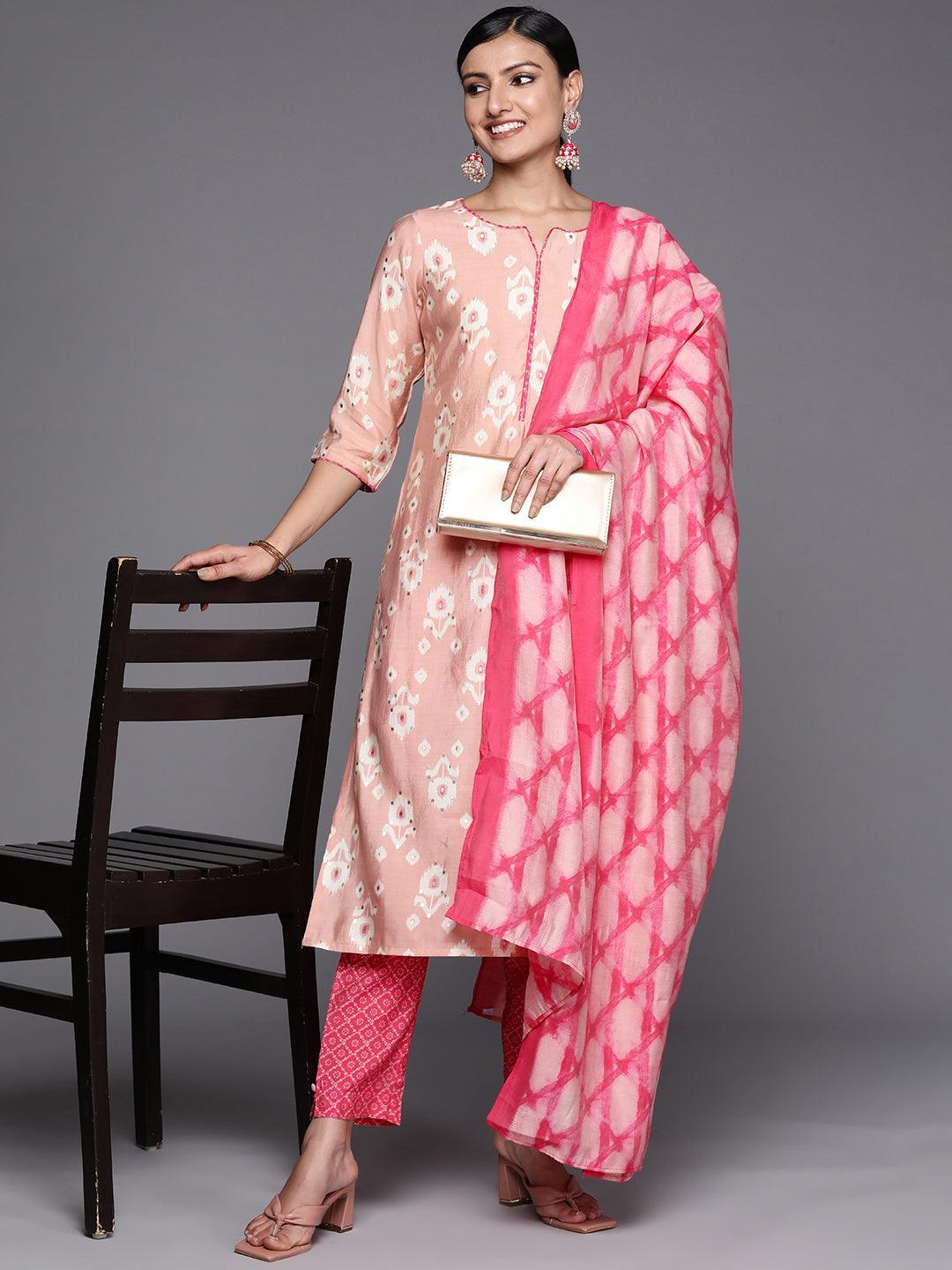 Pink Printed Silk Blend Straight Suit Set With Trousers