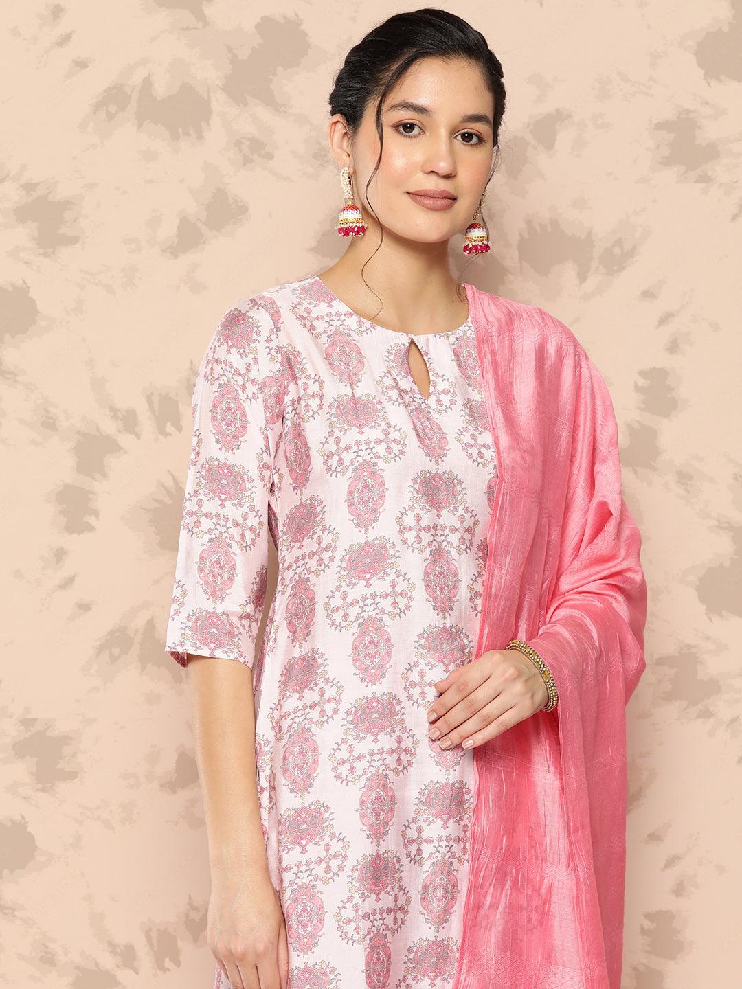 Pink Printed Silk Blend Straight Kurta With Trousers and Dupatta