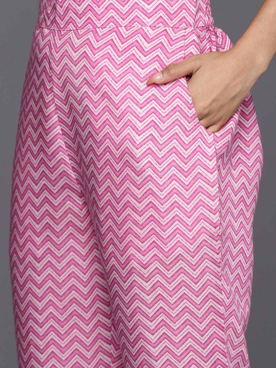 Pink Printed Silk Blend Straight Kurta With Trousers & Dupatta