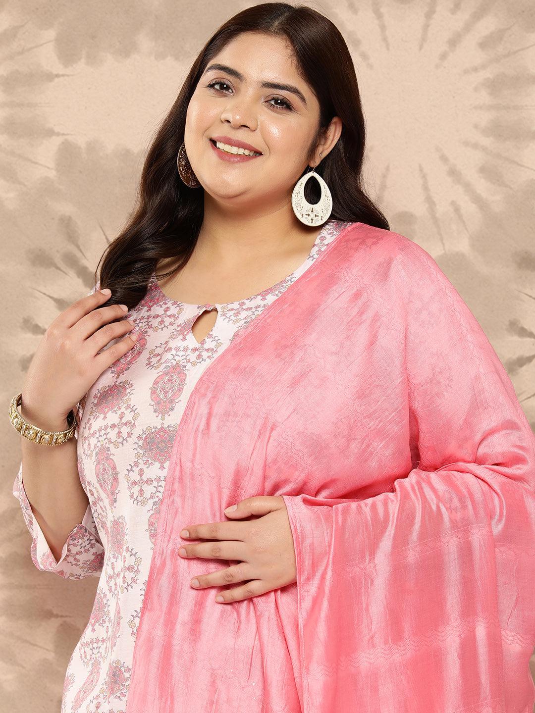 Pink Printed Silk Blend Straight Kurta With Trousers and Dupatta