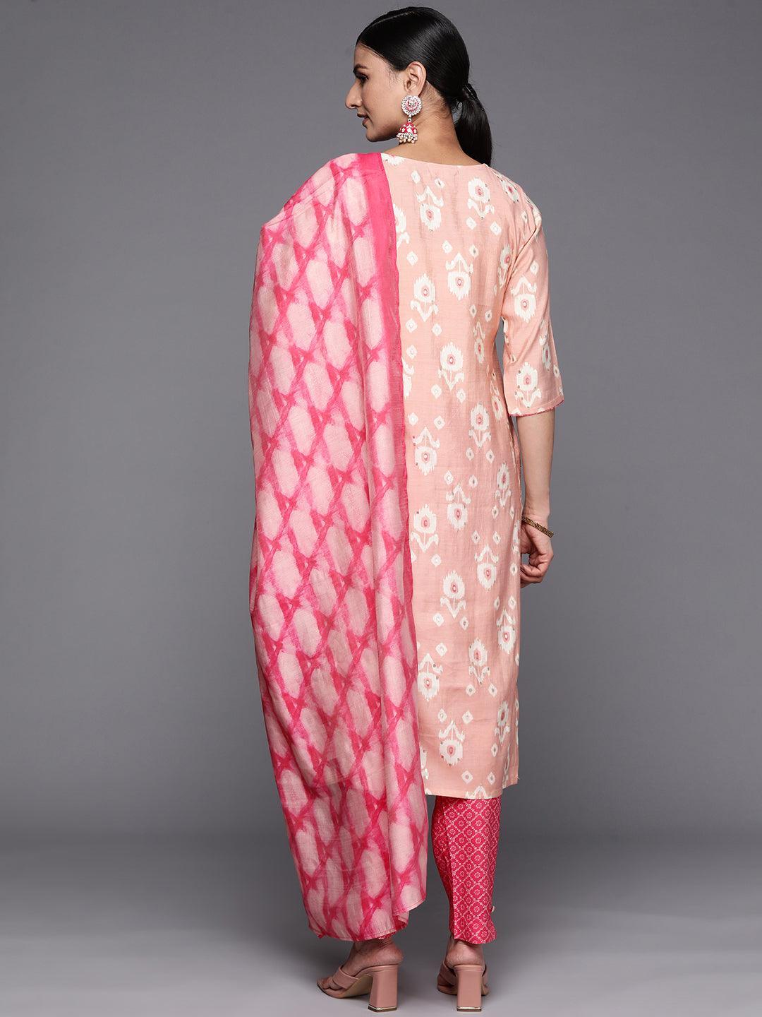 Pink Printed Silk Blend Straight Suit Set With Trousers