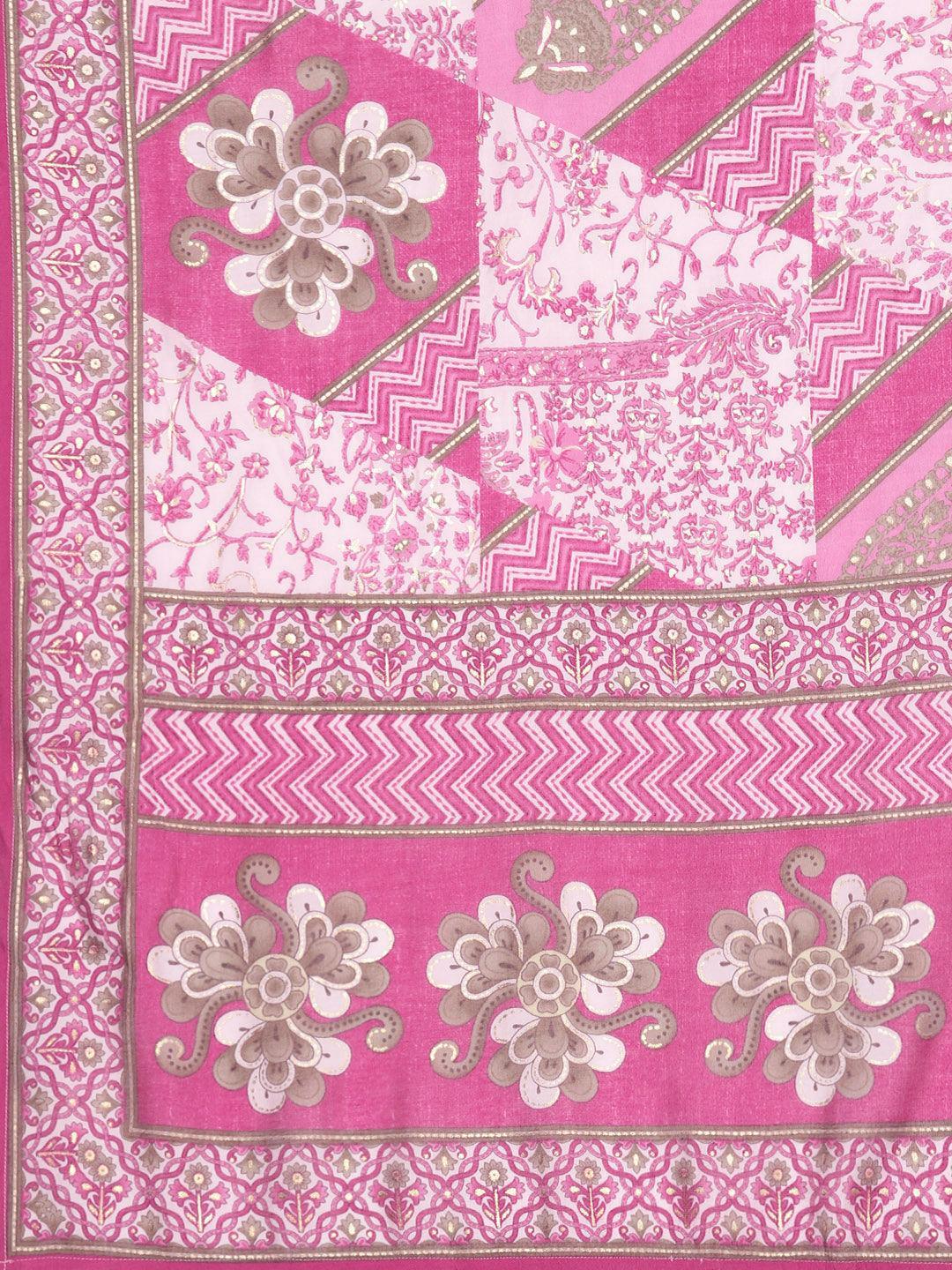 Pink Printed Silk Blend Straight Kurta With Trousers & Dupatta