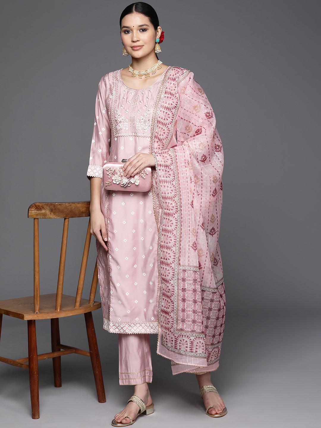 Pink Printed Silk Blend Straight Kurta With Trousers & Dupatta