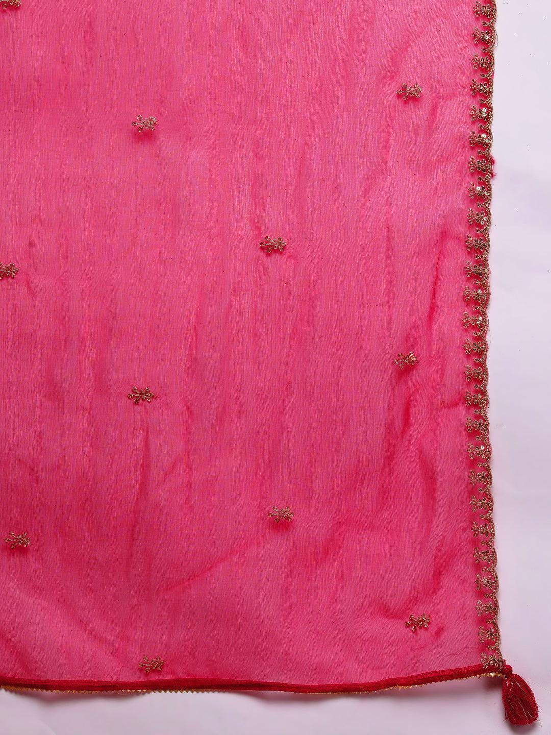 Pink Printed Silk Blend Straight Kurta With Trousers & Dupatta