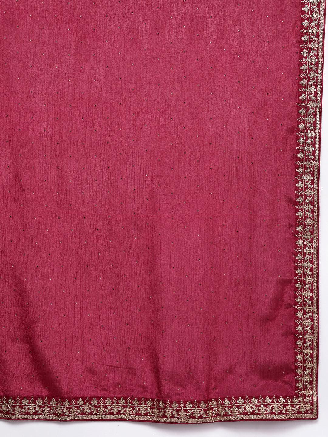 Pink Printed Silk Blend Straight Kurta With Trousers & Dupatta