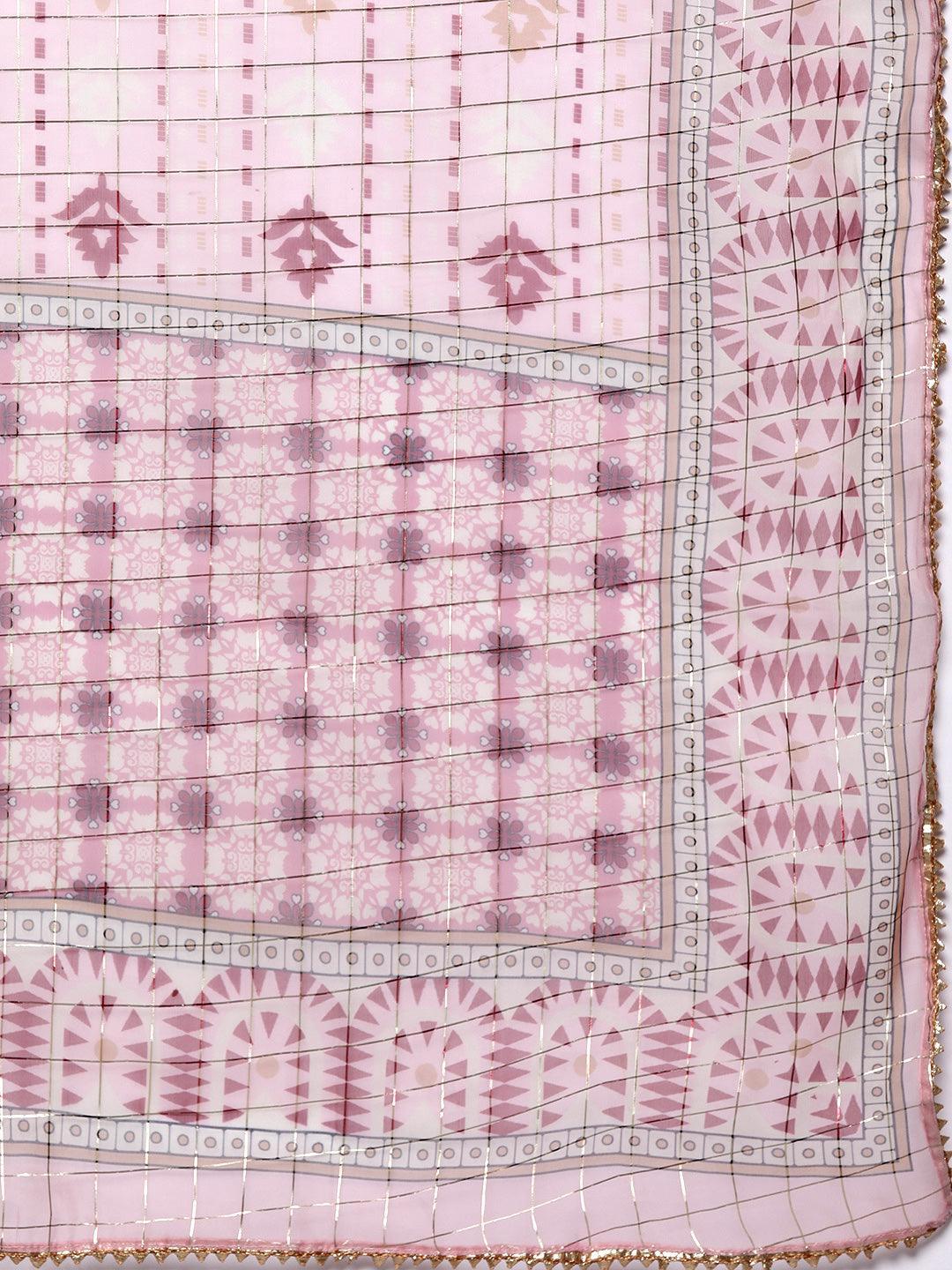 Pink Printed Silk Blend Straight Kurta With Trousers & Dupatta