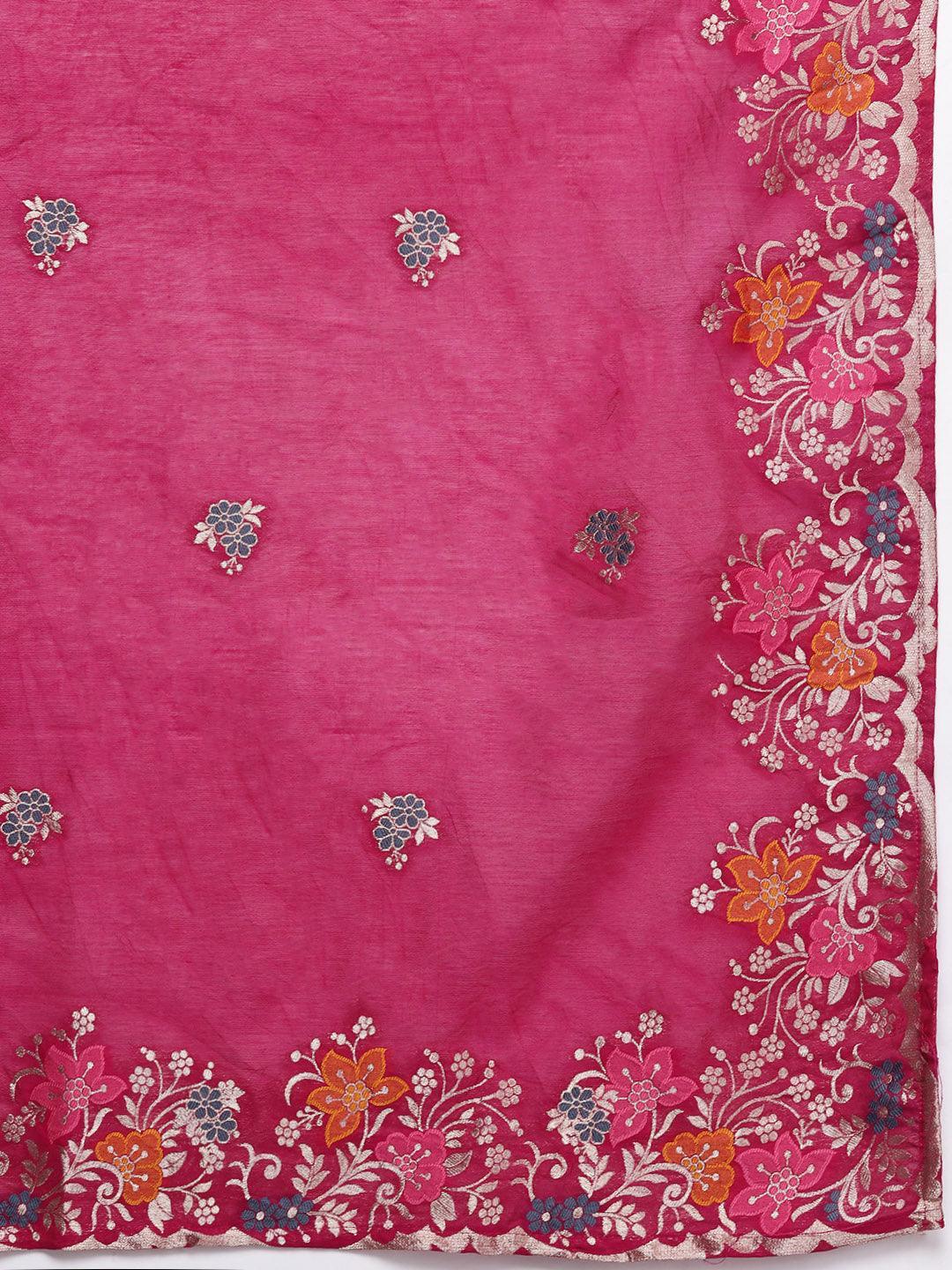 Pink Printed Silk Blend Straight Kurta With Trousers & Dupatta