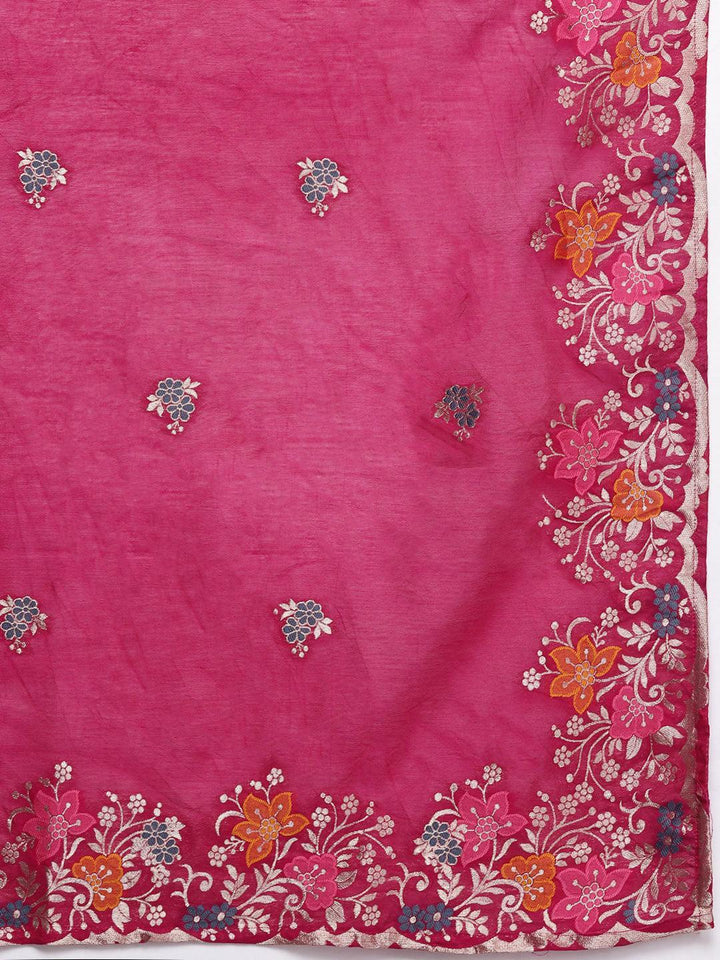 Pink Printed Silk Blend Straight Kurta With Trousers & Dupatta - Libas