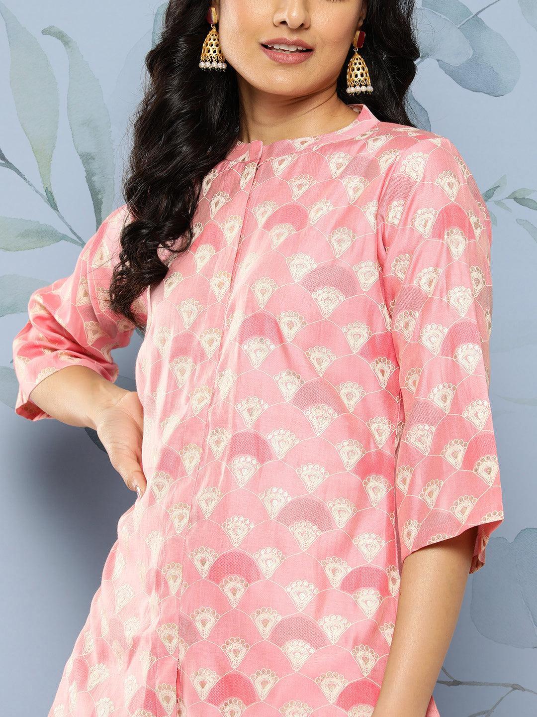 Pink Printed Silk Blend Top Tunic With Palazzos