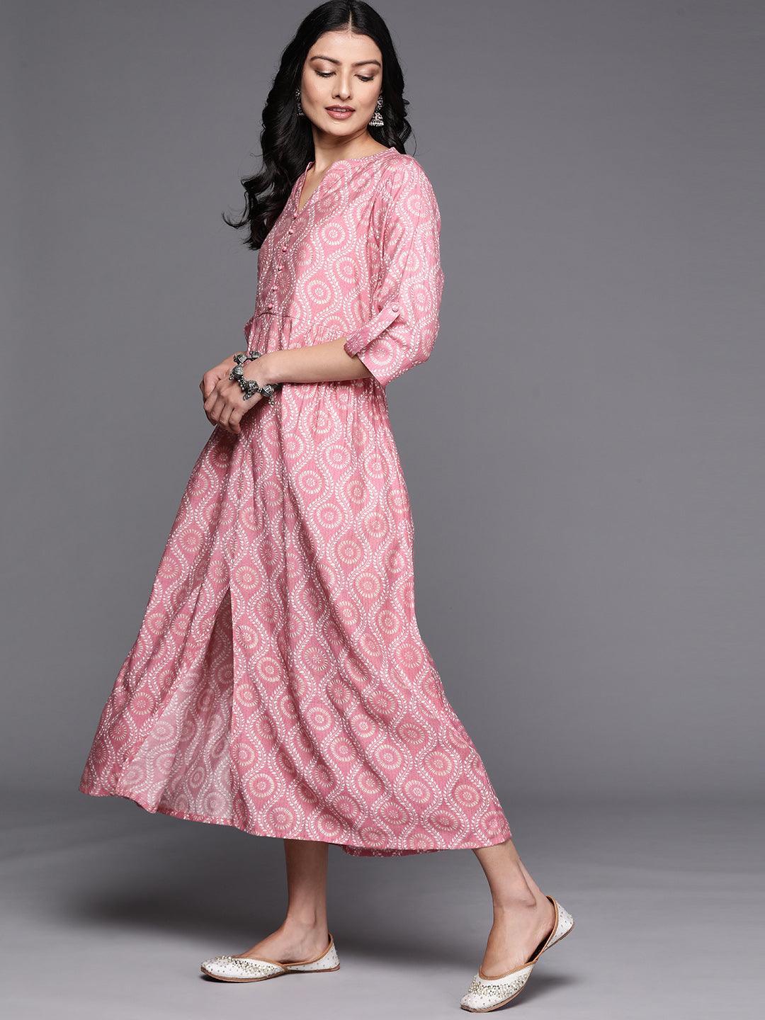 Pink Printed Silk Fit and Flare Dress