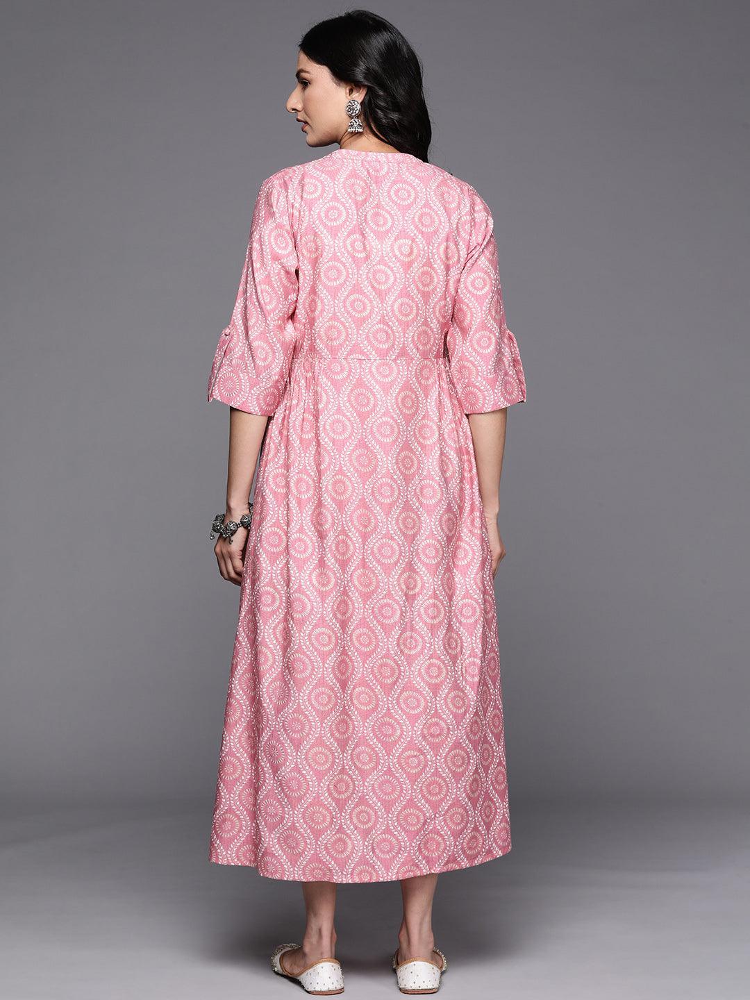 Pink Printed Silk Fit and Flare Dress