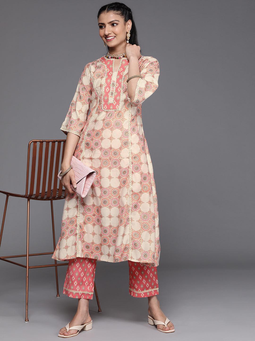 Pink Printed Silk Kurta