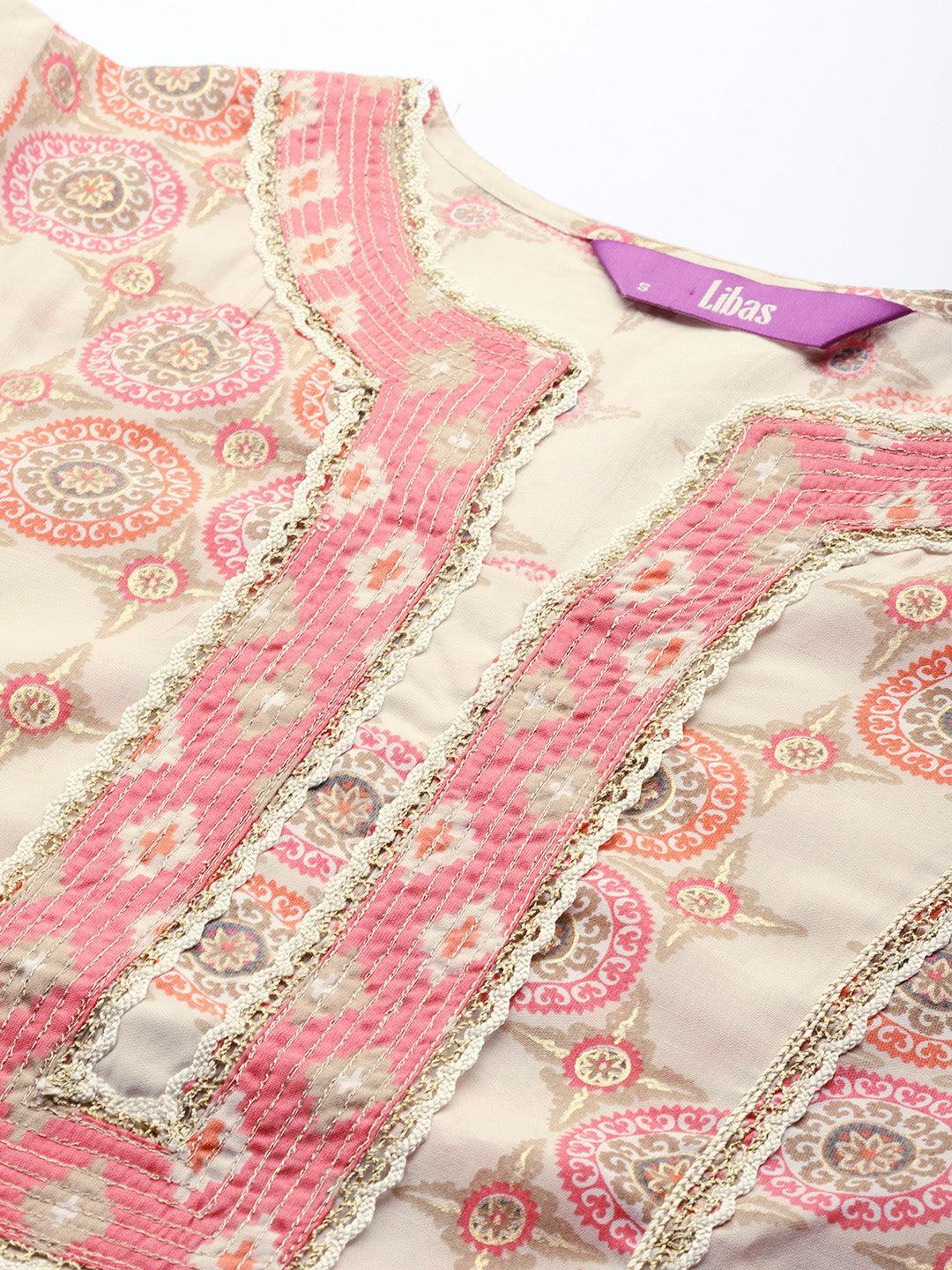 Pink Printed Silk Kurta