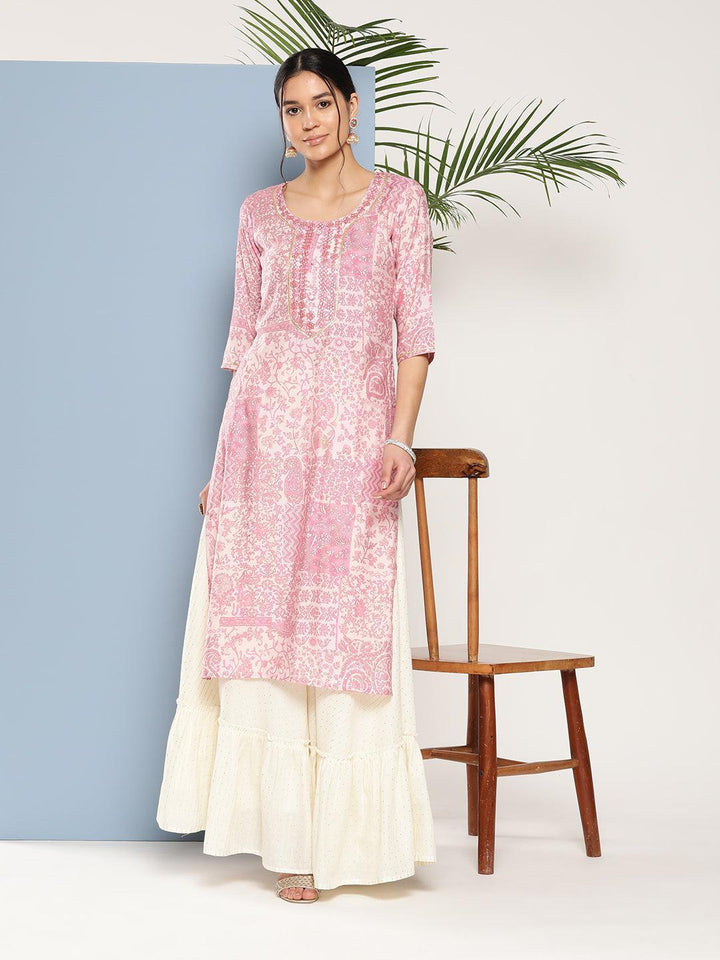 Pink Printed Silk Straight Kurta - ShopLibas