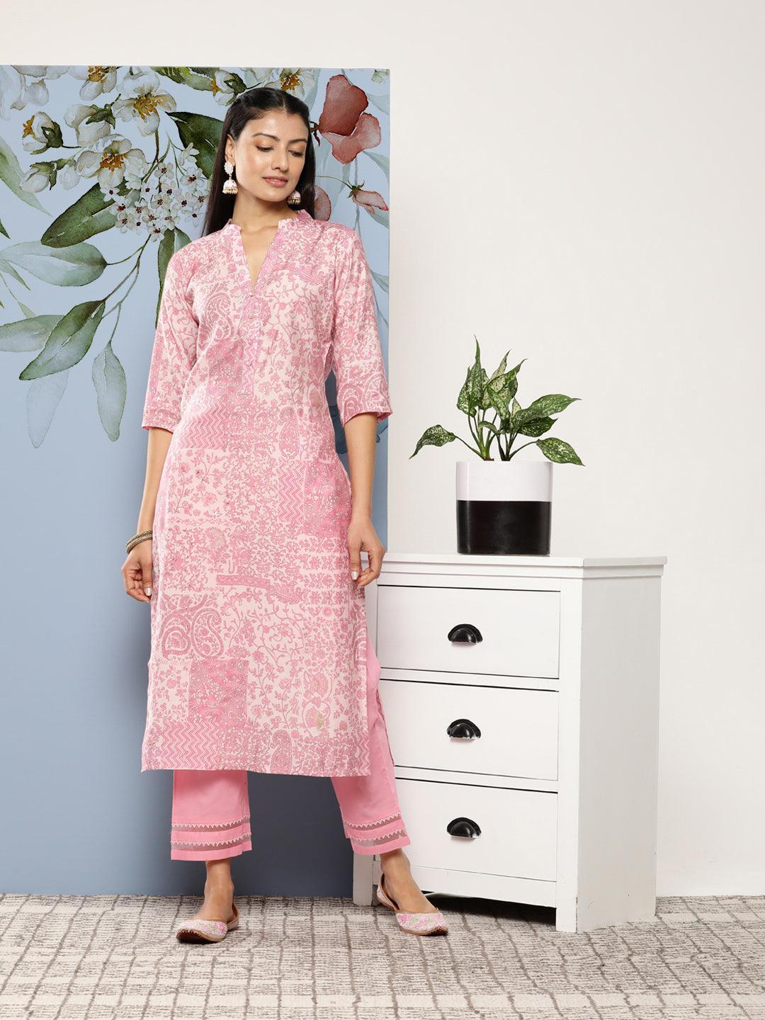 Pink Printed Silk Straight Kurta