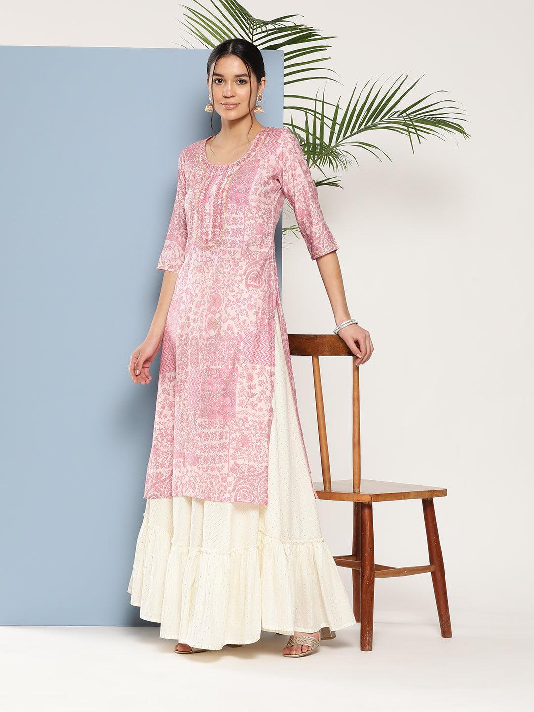 Pink Printed Silk Straight Kurta