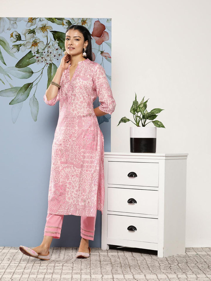 Pink Printed Silk Straight Kurta - ShopLibas