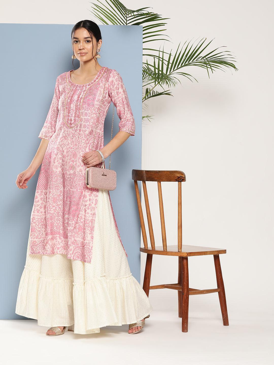 Pink Printed Silk Straight Kurta