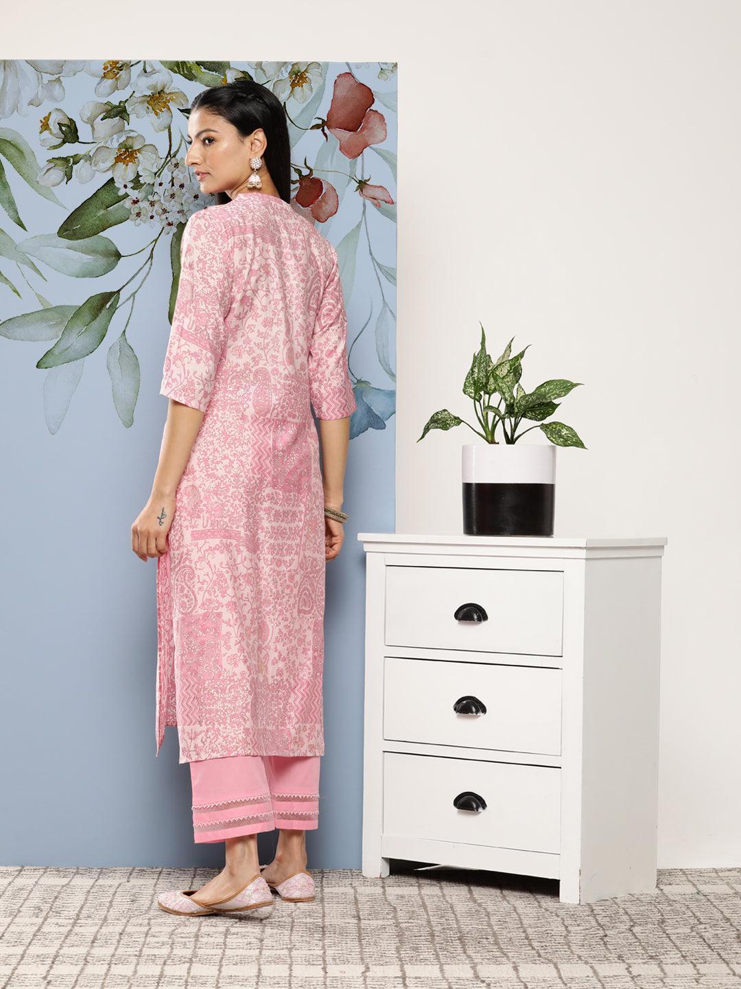 Pink Printed Silk Straight Kurta