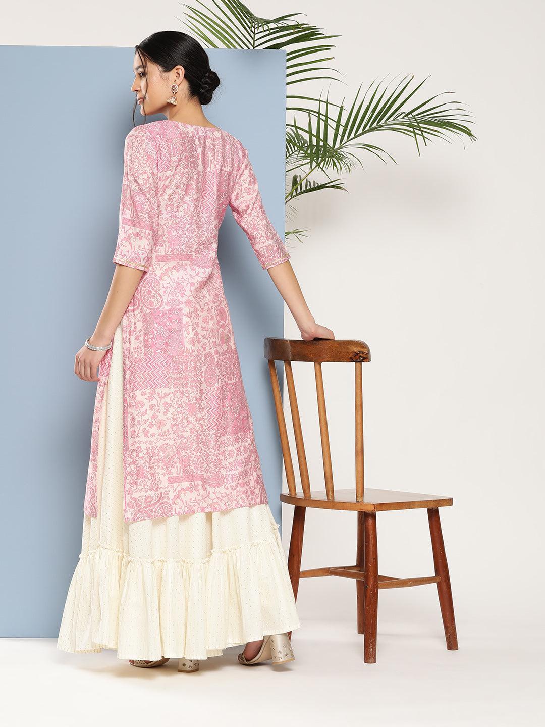 Pink Printed Silk Straight Kurta