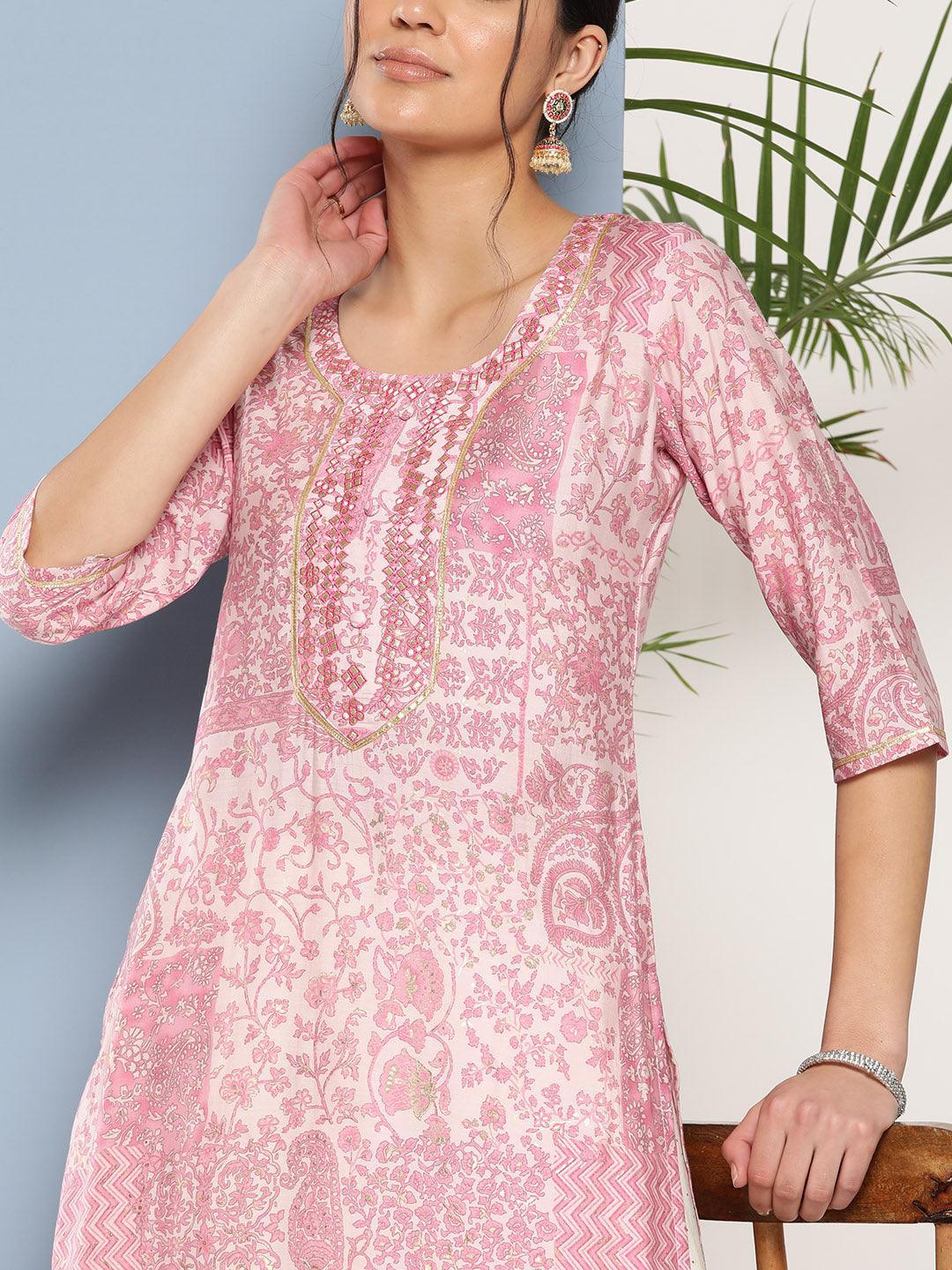 Pink Printed Silk Straight Kurta