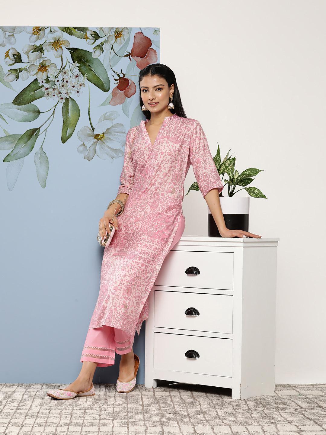 Pink Printed Silk Straight Kurta - ShopLibas