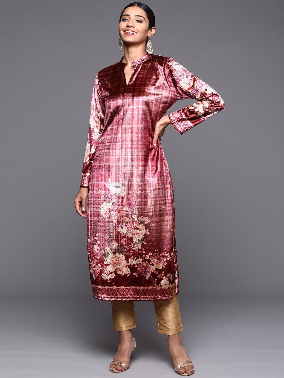 Pink Printed Velvet Straight Kurta