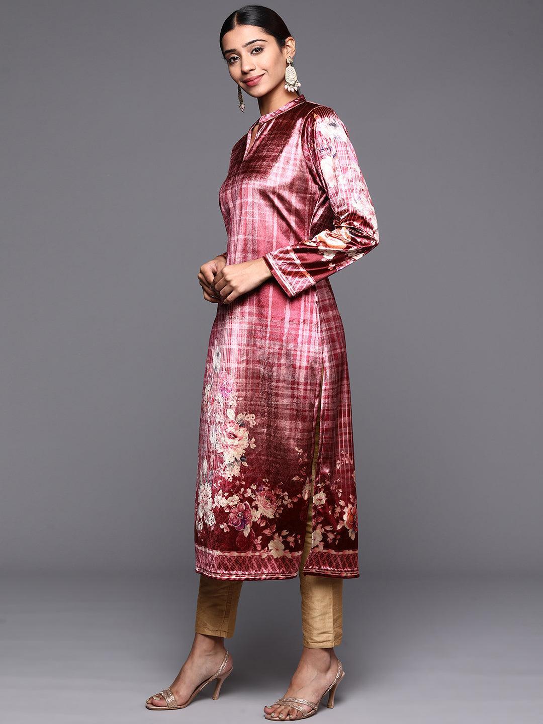 Pink Printed Velvet Straight Kurta - ShopLibas