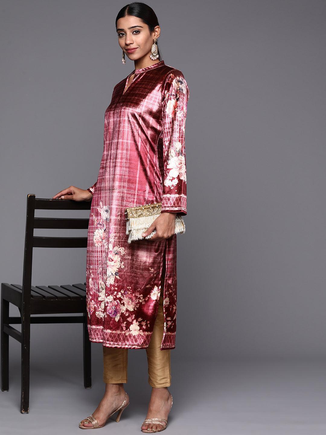 Pink Printed Velvet Straight Kurta