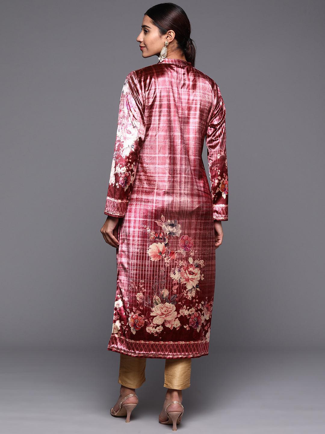 Pink Printed Velvet Straight Kurta