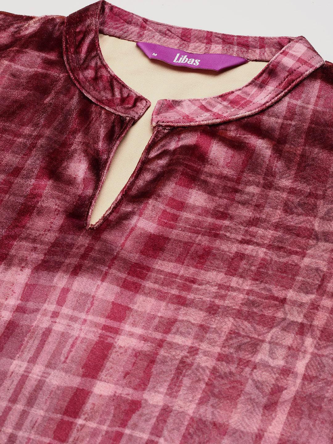 Pink Printed Velvet Straight Kurta