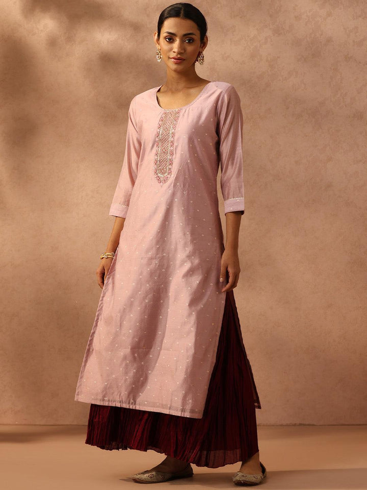 Pink Embellished Chanderi Silk Straight Kurta - ShopLibas