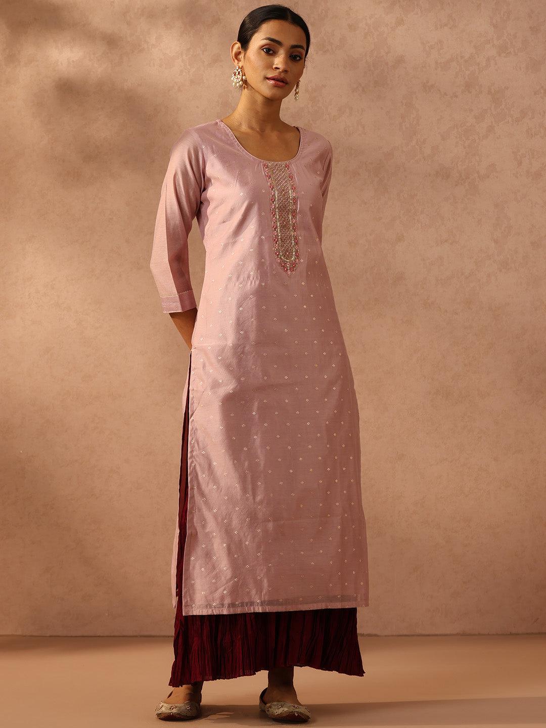 Pink Embellished Chanderi Silk Straight Kurta