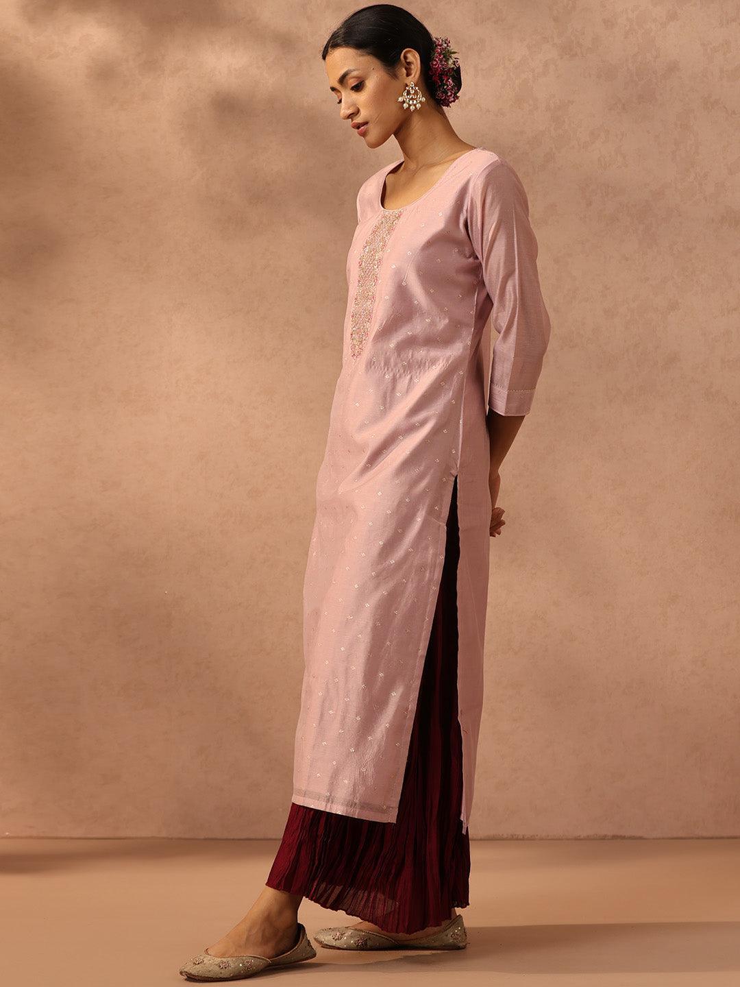 Pink Embellished Chanderi Silk Straight Kurta - ShopLibas