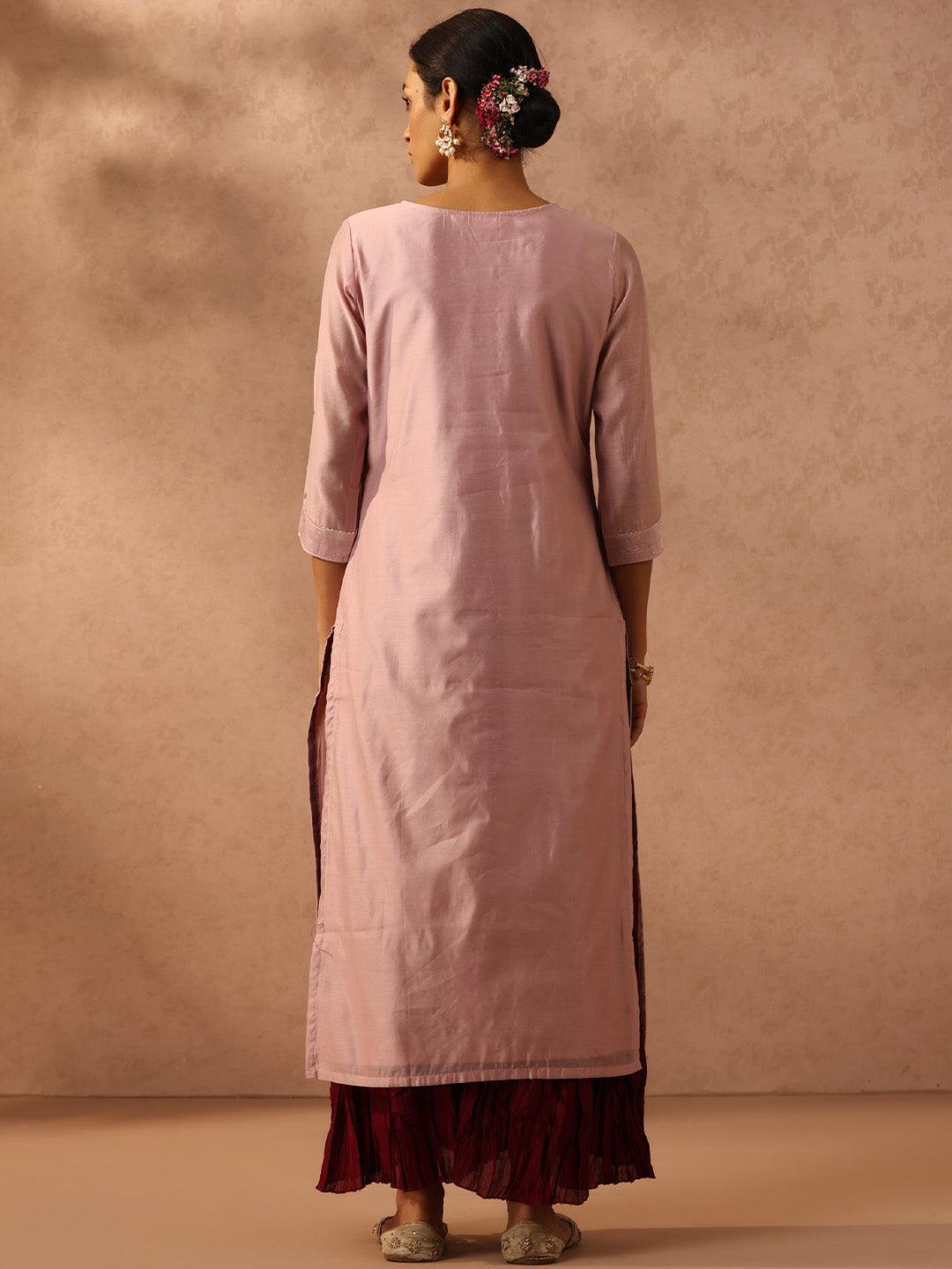 Pink Embellished Chanderi Silk Straight Kurta