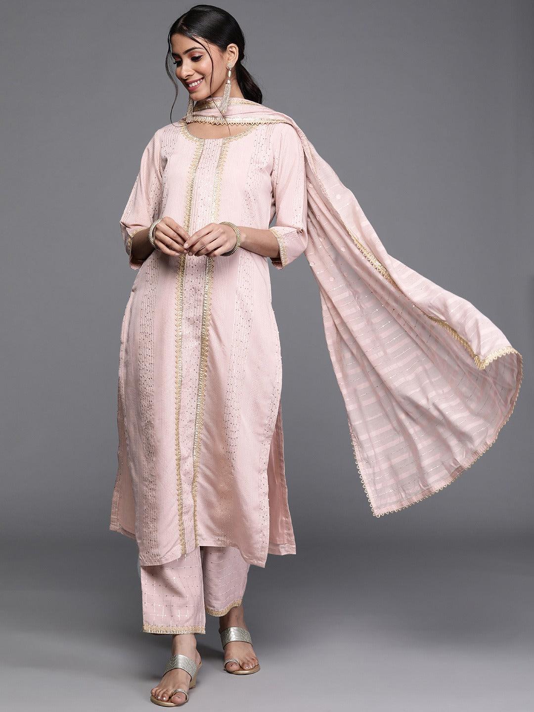 Pink Self Design Chanderi Silk Suit Set