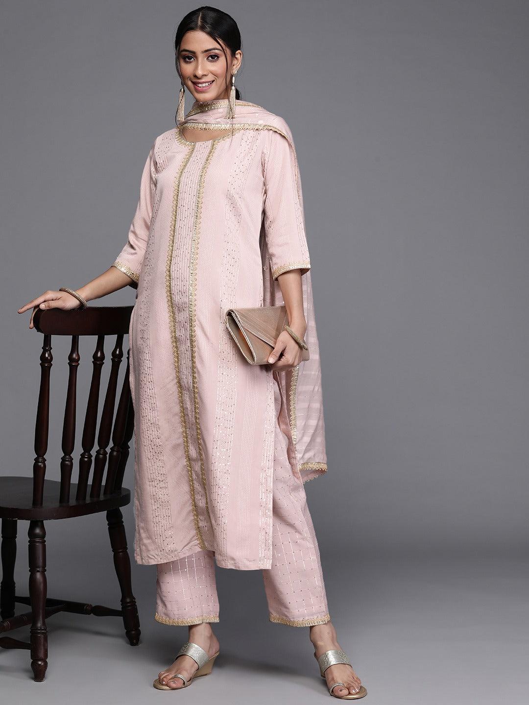 Pink Self Design Chanderi Silk Suit Set