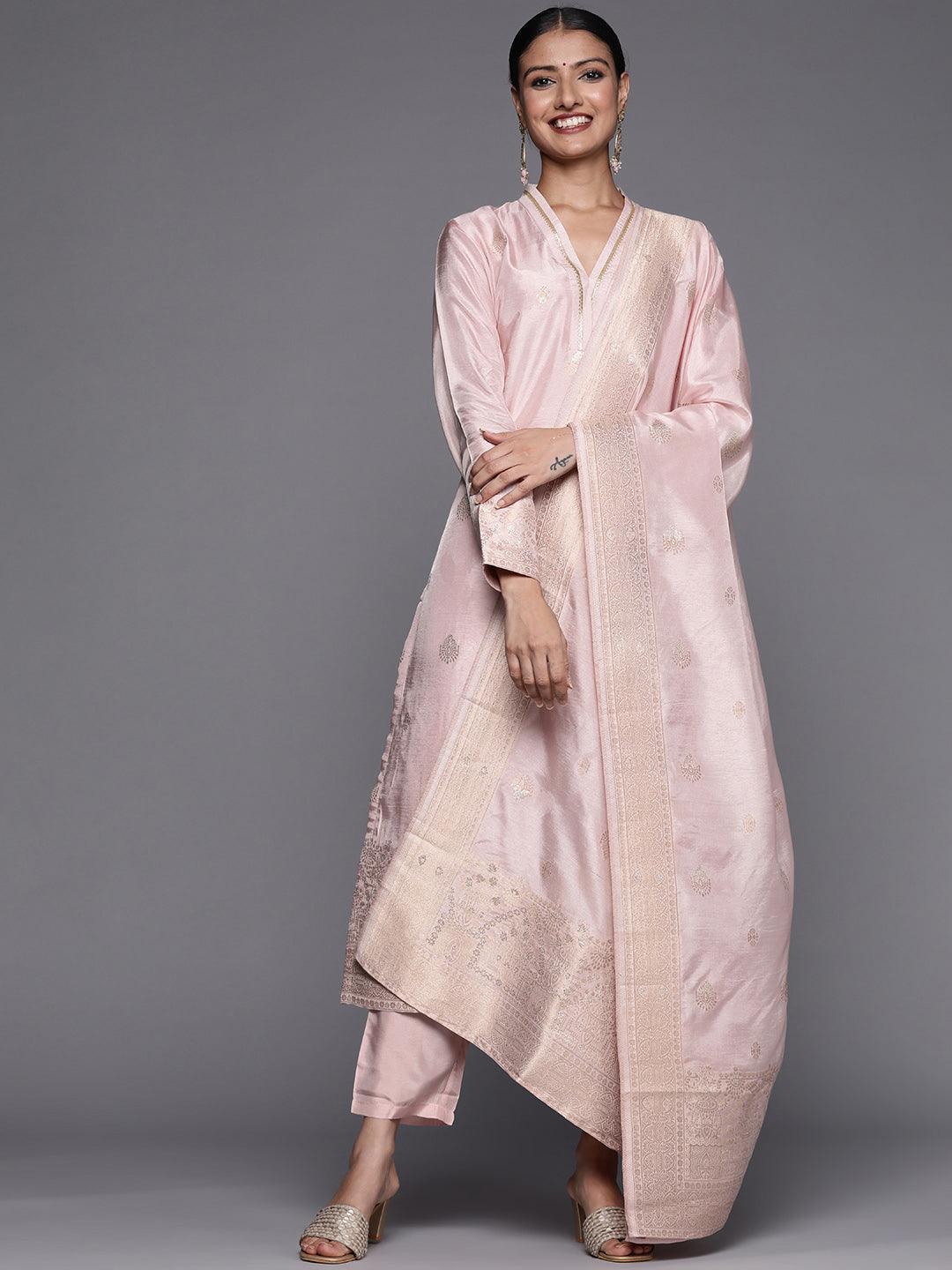 Pink Self Design Chanderi Silk Straight Suit Set