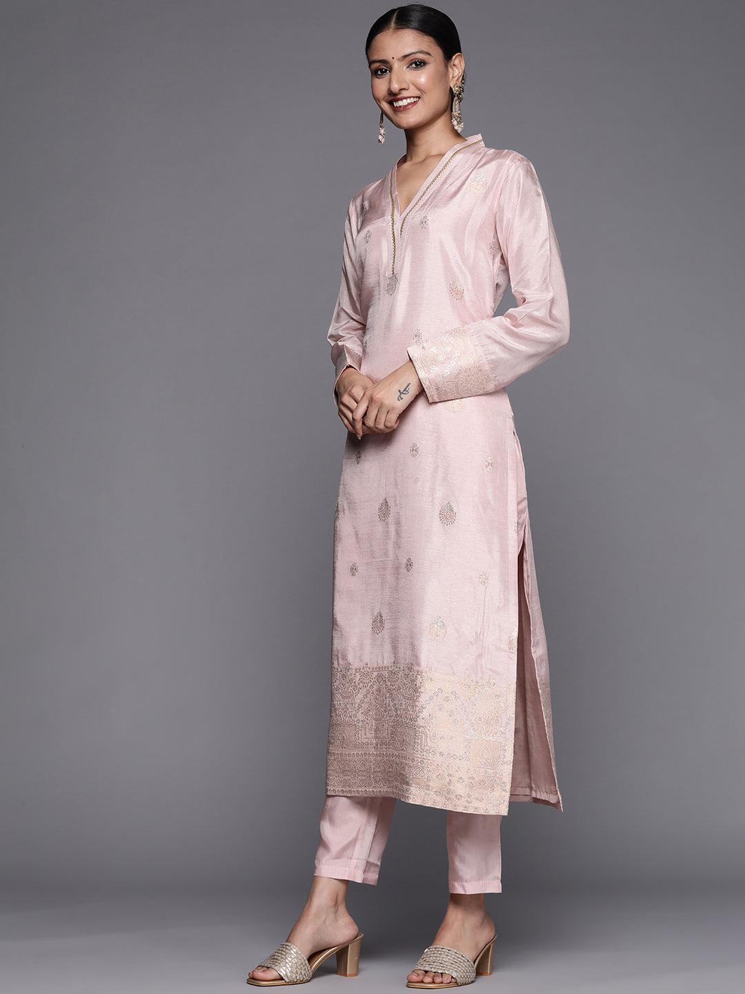 Pink Self Design Chanderi Silk Straight Suit Set