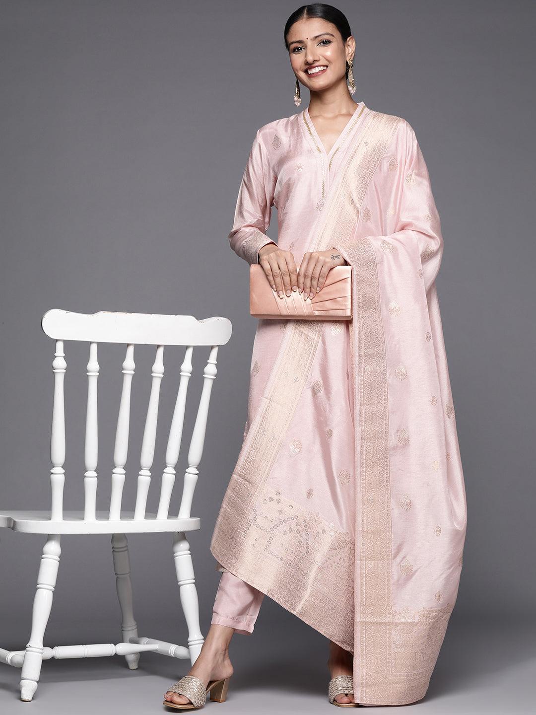 Pink Self Design Chanderi Silk Straight Suit Set