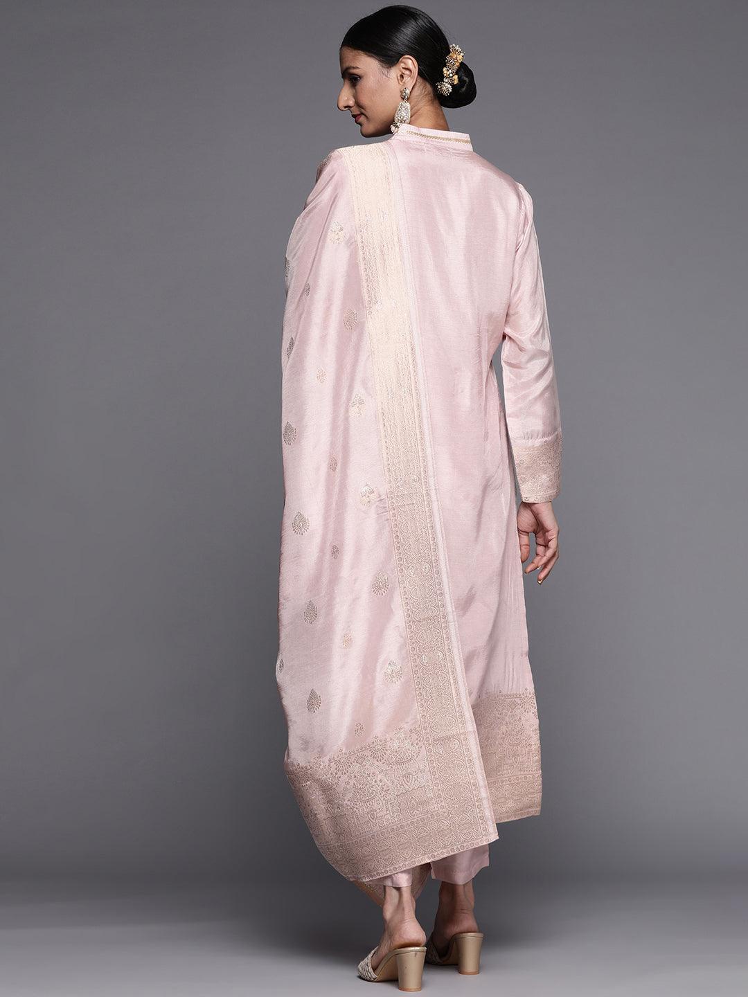 Pink Self Design Chanderi Silk Straight Suit Set